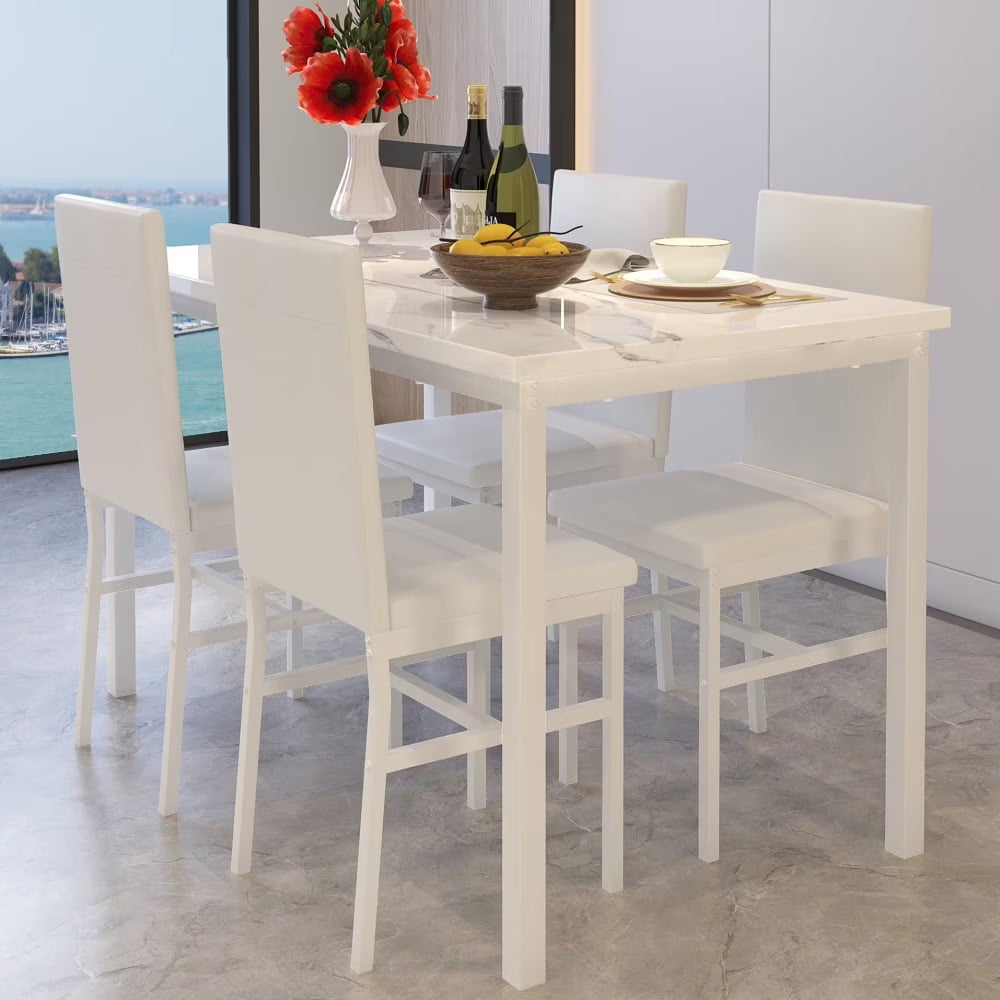 5 Piece Dining Room Table Set, Modern Dining Table Sets with Gray Velvet Upholstered Chairs for 4, Faux Marble Pattern Rectangle Kitchen Table Set for Bar Living Room Breakfast Nook Small Space