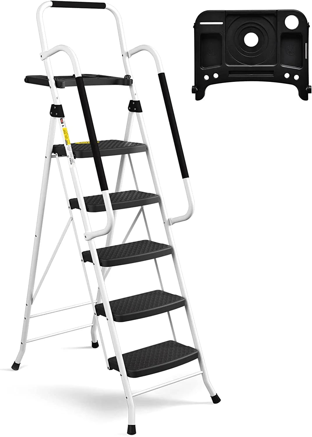 HBTower Folding 5-Step Ladder, 330lbs, with Handrails and Tool Tray and Anti-Slip Pedal, White