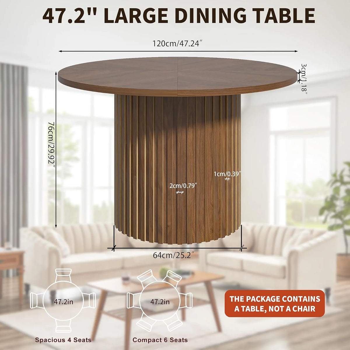Modern Round Dining Table, 47 Inch Small Circle Kitchen Tables for 4-6, Wood Strip Base, Farmhouse Table for Kitchen, Dinning Room, Walnut