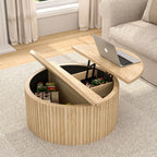 Oubayajia Round Coffee Table with Storage, Wood Lift Top Coffee Table, Waveform Panel, Natural