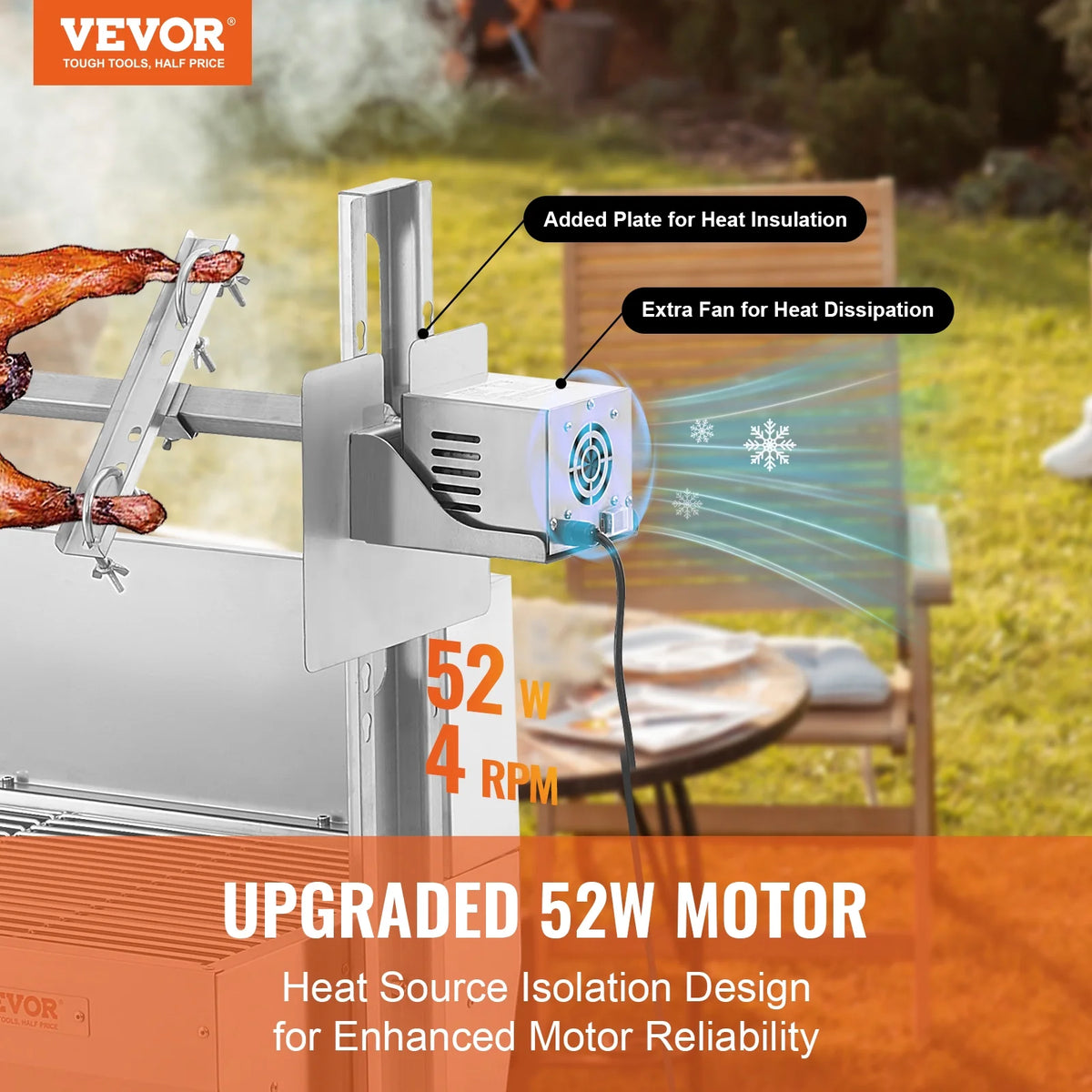 VEVOR Rotisserie Grill with Windscreen, BBQ Whole Pig Lamb Goat Charcoal Spit Grill, 46 Inch 132 Lbs Capacity, Electric 52W Motor Stainless Steel Roaster with Lockable Wheels, for Camping Outdoor