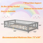 UHOMEPRO Twin Size Floor Bed with Door and Fence, Montessori Floor Bed with Slats and Safety Guardrails, Solid Wood Twin Bed Frame for Bedroom, White