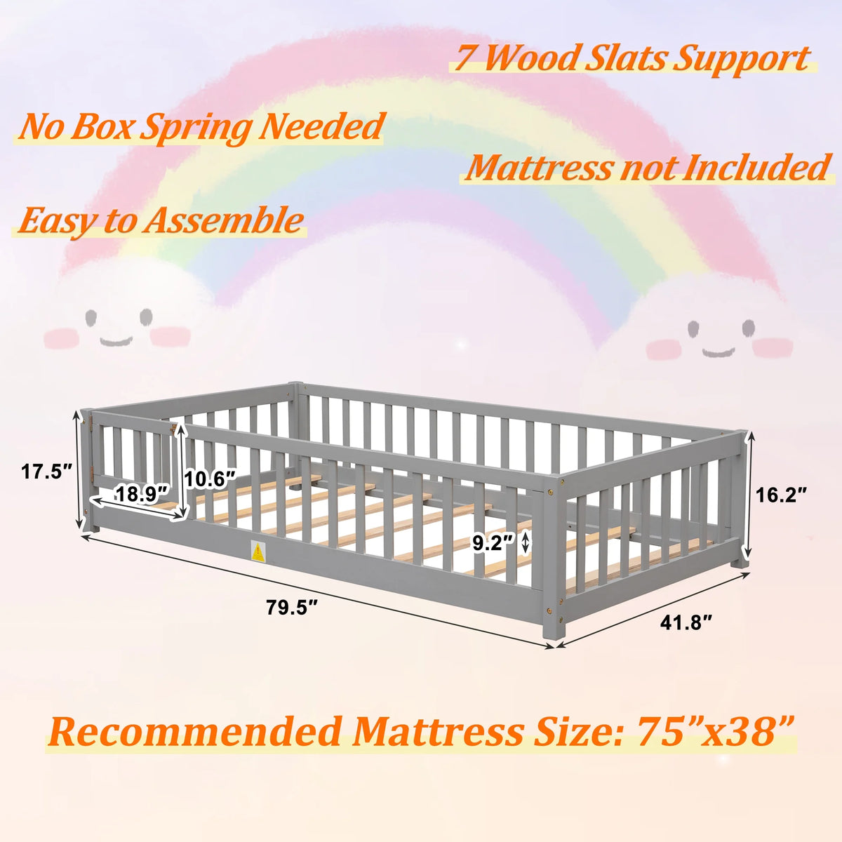 UHOMEPRO Twin Size Floor Bed with Door and Fence, Montessori Floor Bed with Slats and Safety Guardrails, Solid Wood Twin Bed Frame for Bedroom, White