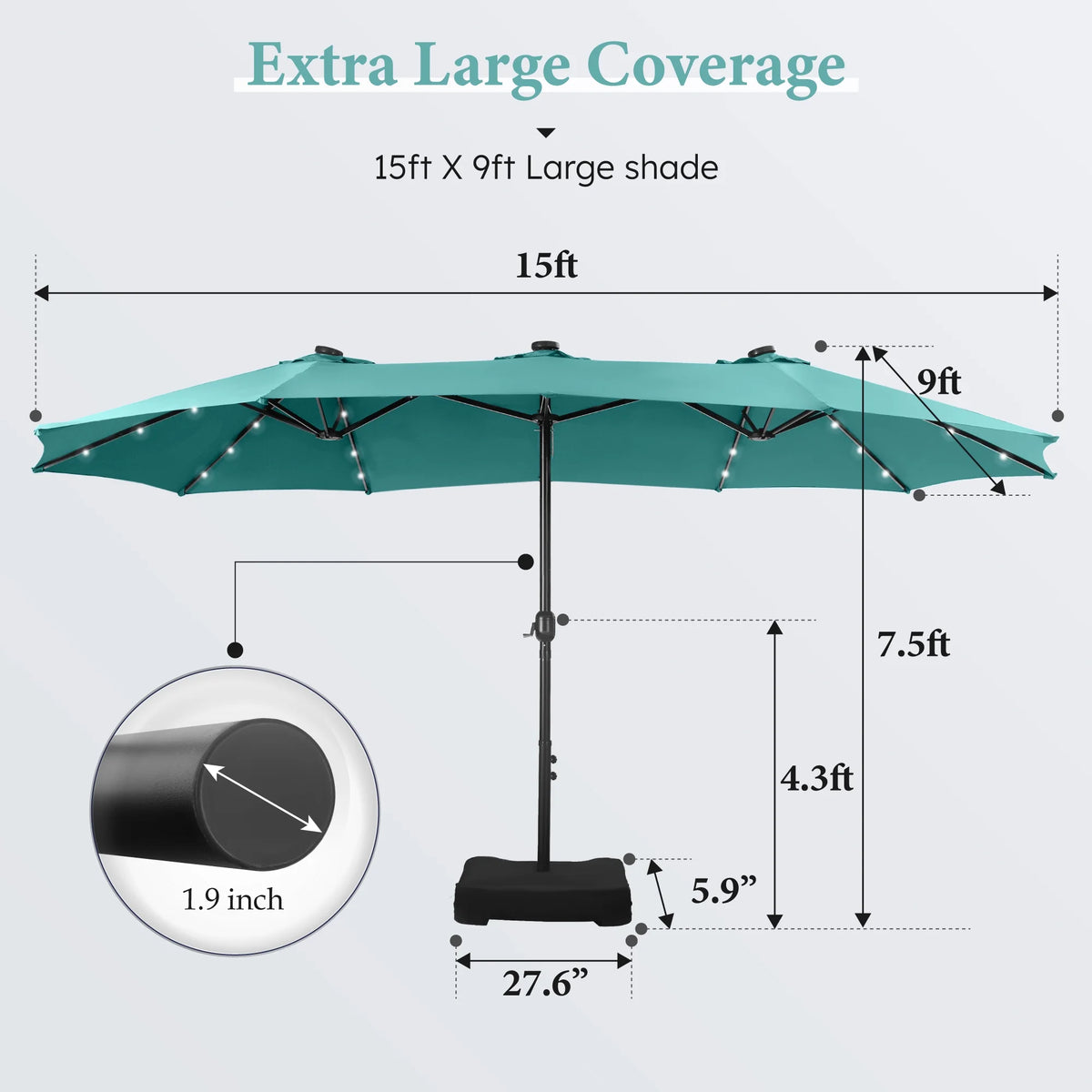 Summit Living 15 FT Double-Sided Solar Patio Umbrella with Base Large Outdoor Umbrella with LED Solar Lights - Haze Blue