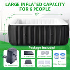 Sunyrisy 4-6 Person Inflatable Hot Tub, Square Blow Up Portable Hot Tub, Leak-Proof PVC Outdoor Spa with 130 Strong Air Jets, Heater Pump and Insulated Cover, 73�� X 73��X 25��
