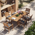 7 Piece Patio Dining Set, Outdoor Acacia Wood Furniture Set, Extendable Rectangular Table and 6 Stackable chairs w/Removeable Fabric Cushion, FSC Certified, for Deck Garden Backyard