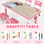 LAZY BUDDY Kids Table and 4 Chairs Set, Height Adjustable Toddler Desk with Graffiti Desktop, Kids Activity Table Set for Daycare, Home