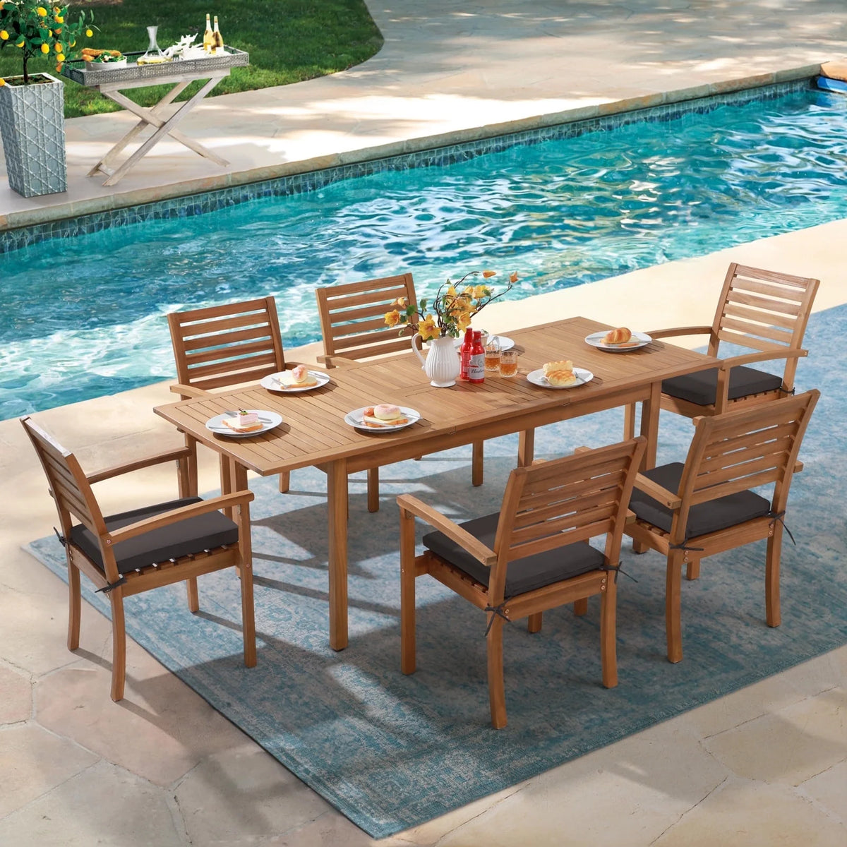 7 Piece Patio Dining Set, Outdoor Acacia Wood Furniture Set, Extendable Rectangular Table and 6 Stackable chairs w/Removeable Fabric Cushion, FSC Certified, for Deck Garden Backyard
