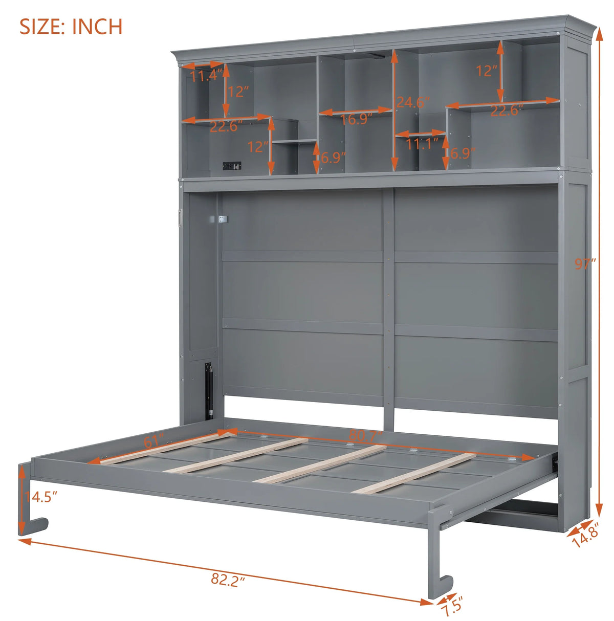Queen Size Murphy Bed Wall Bed with Top Shelves & USB Charging, Space-Saving Cabinet Bed with Flexible Slats, Gray Modern Foldable Bed