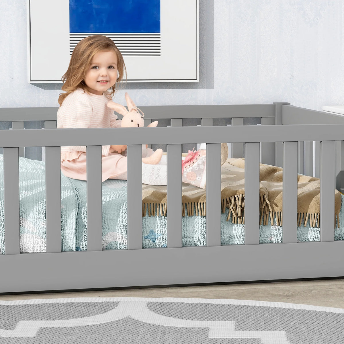 UHOMEPRO Twin Size Floor Bed with Door and Fence, Montessori Floor Bed with Slats and Safety Guardrails, Solid Wood Twin Bed Frame for Bedroom, White