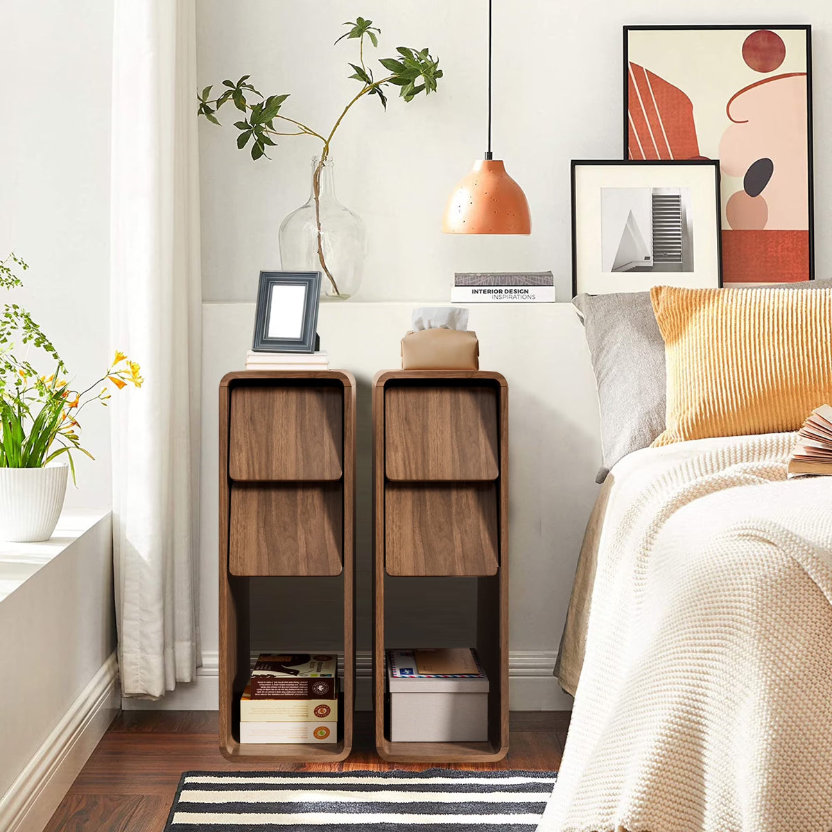 End Tables Set of 2, Small Side Table, Slim Side Table, Wood 2 Drawer Narrow Nightstand