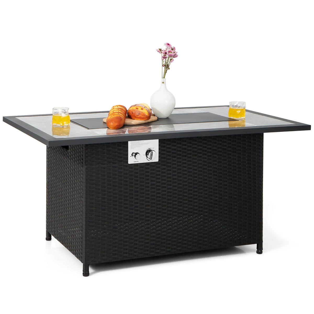 Costway 52'' Propane Fire Pit Table Marble Tabletop Rattan Wicker w/ Rain Cover Lava Rock