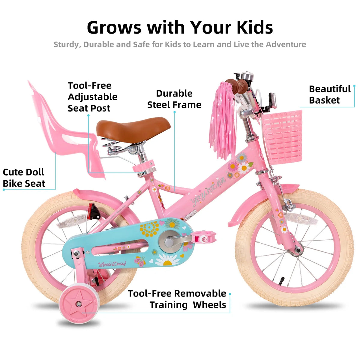 JOYSTAR Little Daisy 14 Inch Kids Bike for 3 4 5 Years Girls with Handbrake Children Princess Bicycle with Training Wheels Basket Streamer Toddler Cycle Bikes Blue