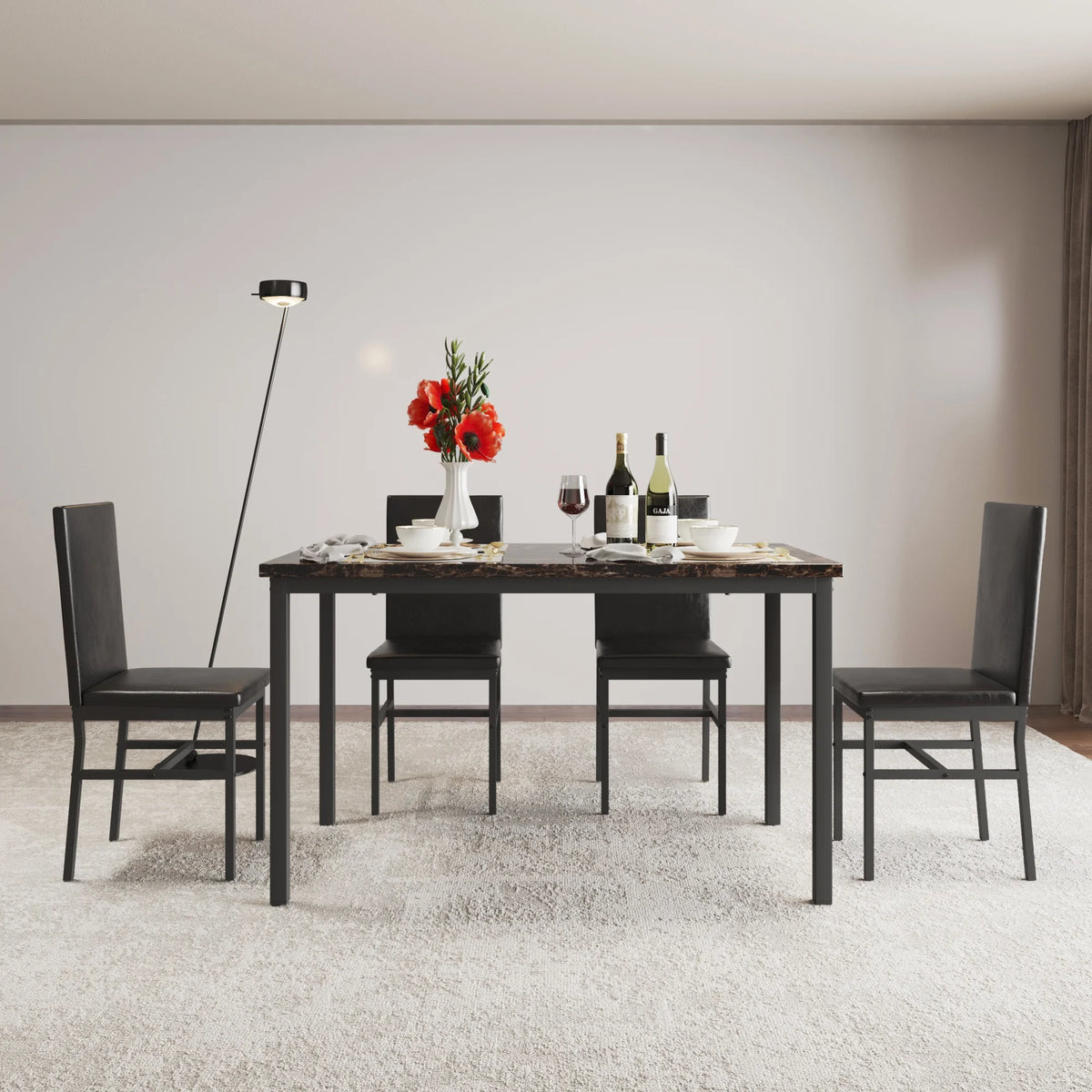 5 Piece Dining Room Table Set, Modern Dining Table Sets with Gray Velvet Upholstered Chairs for 4, Faux Marble Pattern Rectangle Kitchen Table Set for Bar Living Room Breakfast Nook Small Space