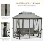 Outsunny 3 Person Patio Swing Chair, Gazebo Swing with Double Tier Canopy, Cushioned Seat, Mesh Sidewalls, gray