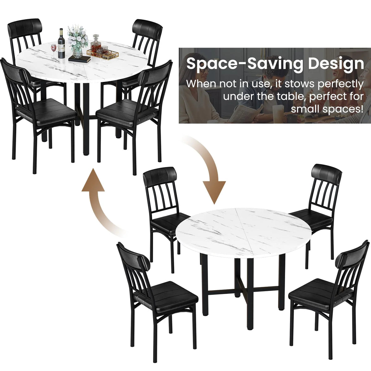 Furlinkhm Round Dining Table Set for 4, Wood Round Kitchen Table and Chairs Set for 4, Modern Dining Room Table Set with 4 Faux Leather Chairs, Round Dinner Table for Small Space, Walnut
