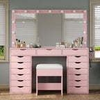 Yanosaku 15 Drawers Vanity Desk with Power Outlet, Makeup Table with Mirror and 13 LED Lights, 3 Color Lighting Modes, Brightness Adjustable, Glass Top Dressing Table, Vanity Set for Bedroom