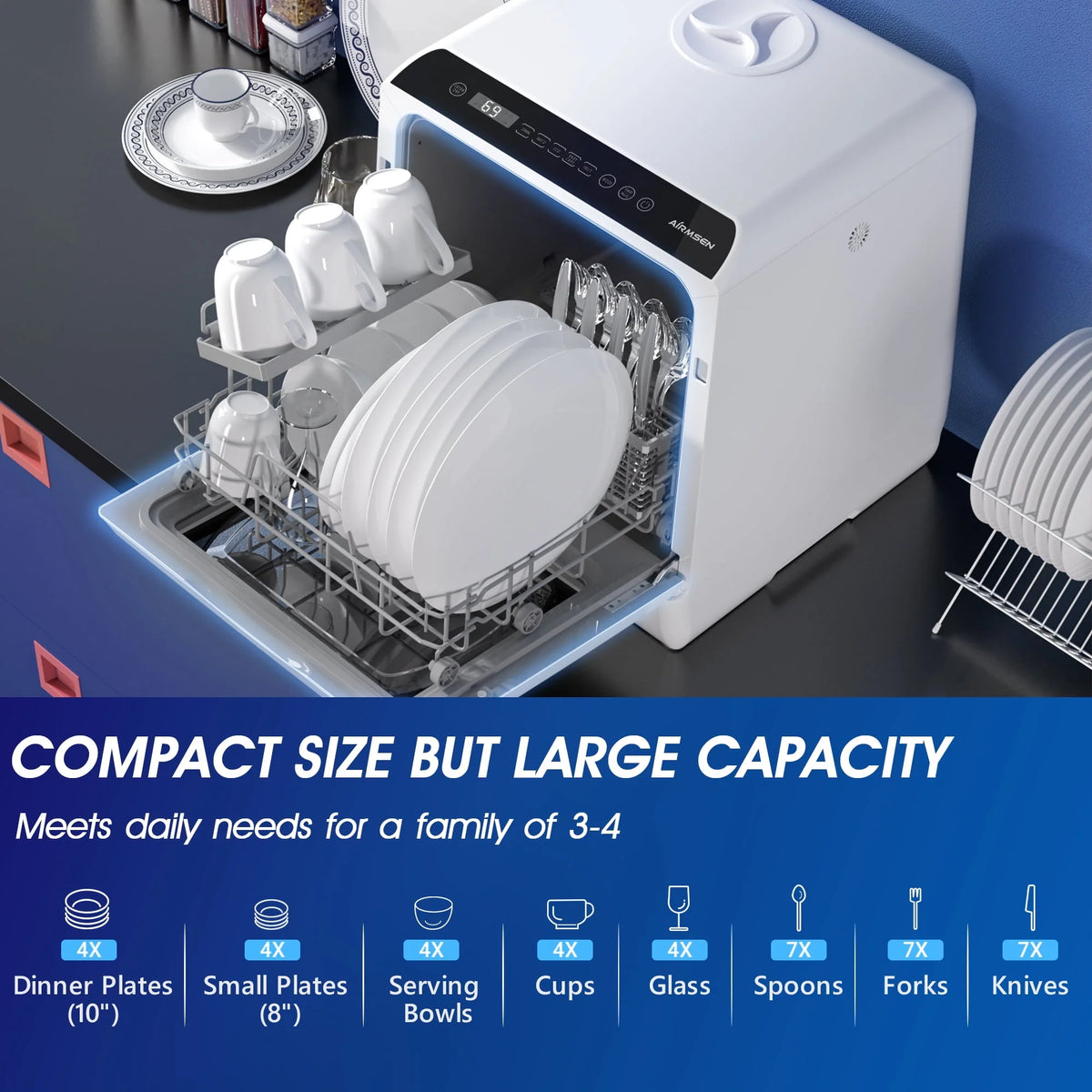 AIRMSEN Portable Countertop Dishwasher with 5-Liter Built-in Water Tank and Air-Dry Function, 5 Washing Programs, AE-TDQR03