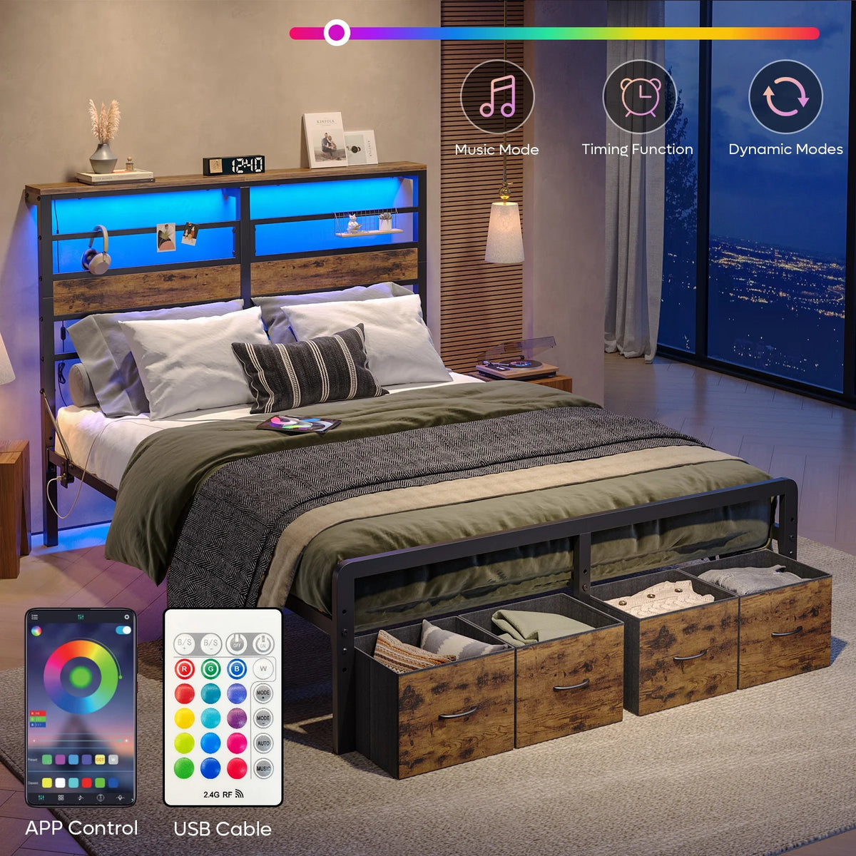 Pinmoco LED Queen Bed Frame with 49.2" High Storage Headboard and 4 Drawers, Adjustable Base Height Metal Platform Bed with Charging Station, Rustic