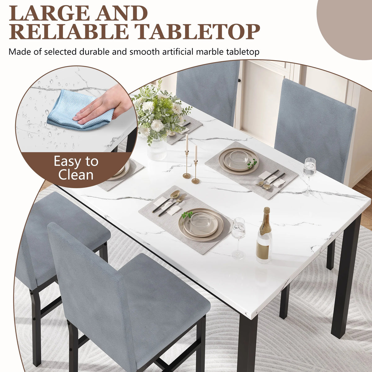 5 Piece Dining Room Table Set, Modern Dining Table Sets with Gray Velvet Upholstered Chairs for 4, Faux Marble Pattern Rectangle Kitchen Table Set for Bar Living Room Breakfast Nook Small Space