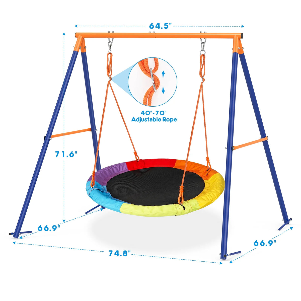 GIKPAL Swing Sets for Outside 440lbs Swing Set for 2-3 Kids Outdoor with Heavy-Duty Metal Frame & Adjustable Ropes Round Swing, Rainbow