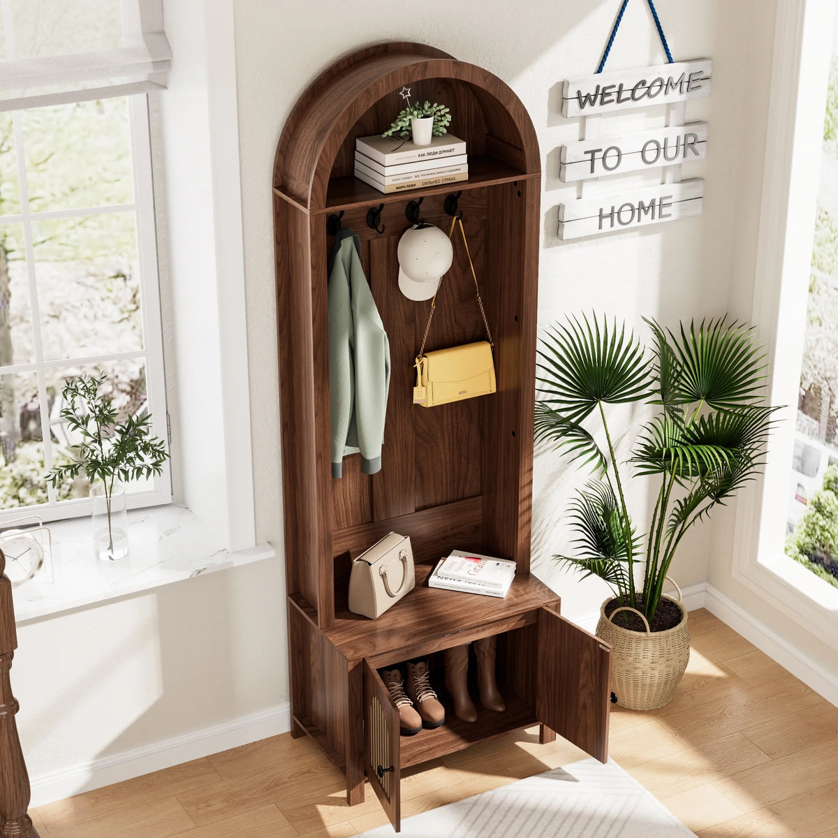 LUCKYELF Hall Tree with Shoe Storage, Entryway Bench with 4 Hooks and 2 Doors, Arch Coat Rack Cabinet for Hallway