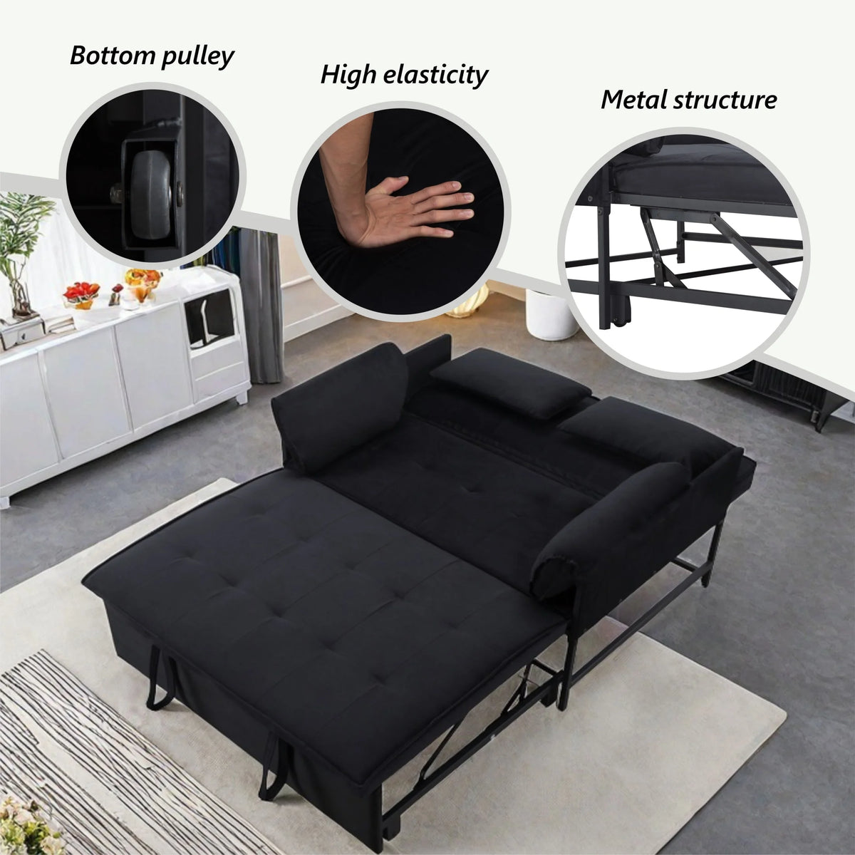 Gewnee 55'' Modern Convertible Velvet Sofa Bed with Pull-Out Twin Bed, Adjustable Backrest for Living Room, Office (Dark Gray)