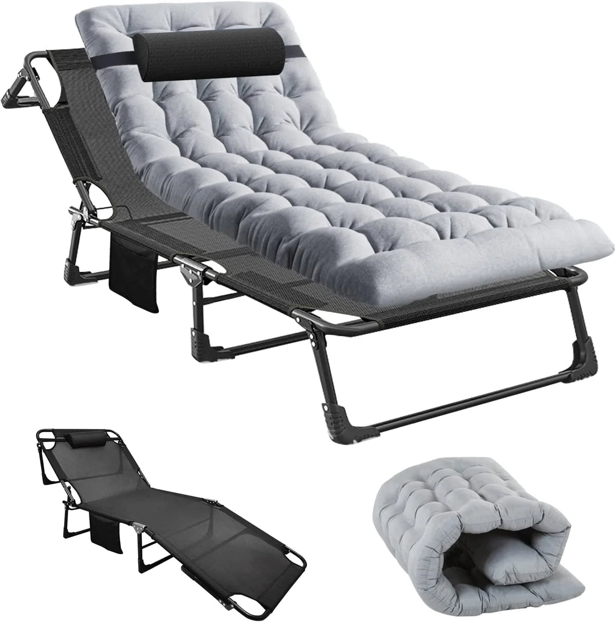SLSY Folding Camping Cot with 2 Sided Cushion & Pillow, Adjustable 5-Position Outdoor Portable Folding Lounge Chair, Folding Sleeping Cots Bed
