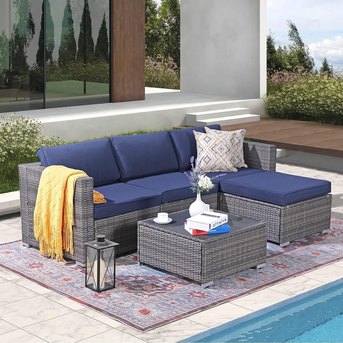 Patiorama 5-Piece Patio Furniture Set, Outdoor Sectional Conversation Set, All-Weather Grey PE Wicker with Light Grey Cushions, Backyard Porch Garden