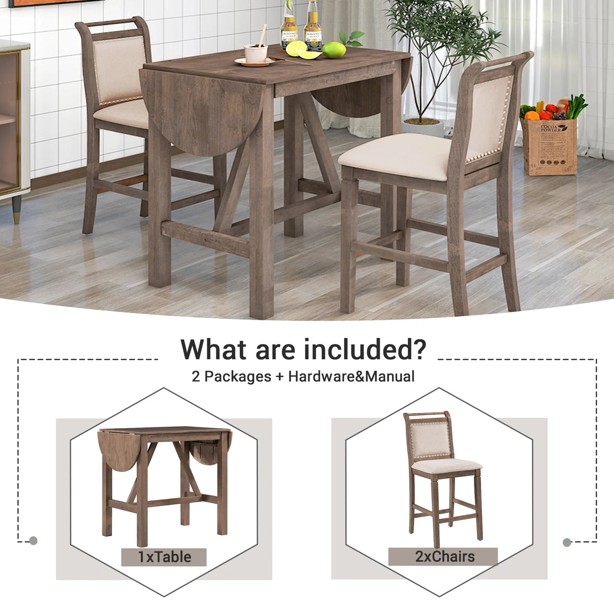 Harper & Bright Designs 3 Piece Wood Folding Dining Table Set Drop Leaf Table with 2 Padded Counter Height Dining Chairs for Small Place, Brown