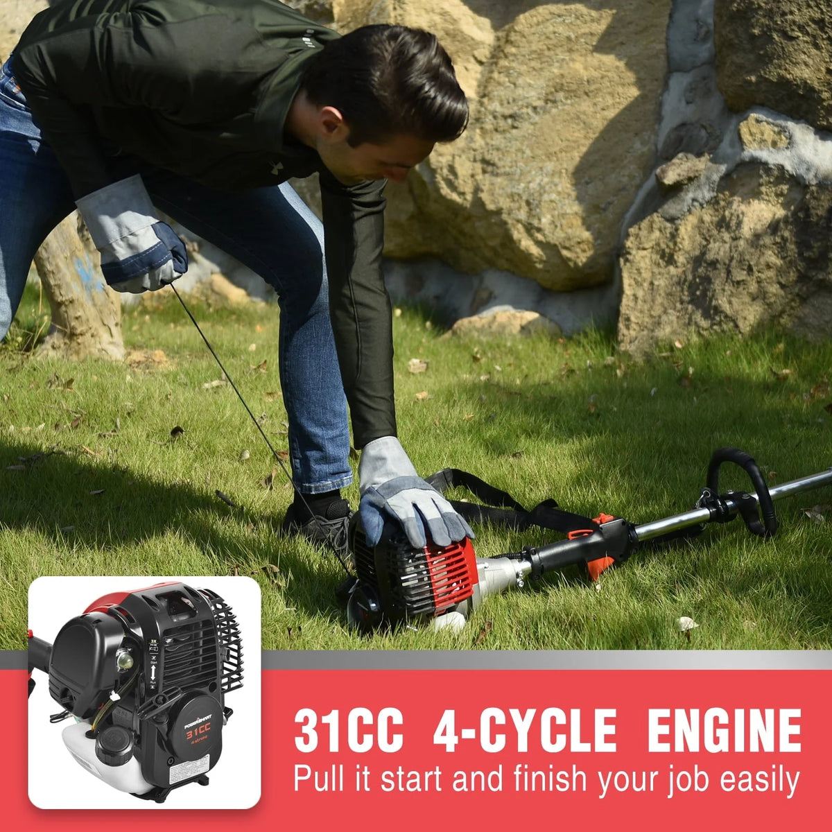 PowerSmart 4-Cycle 31cc 15lb Straight Shaft Gas String Trimmer Weed wacker and Brush Cutter for Lawns and Grass