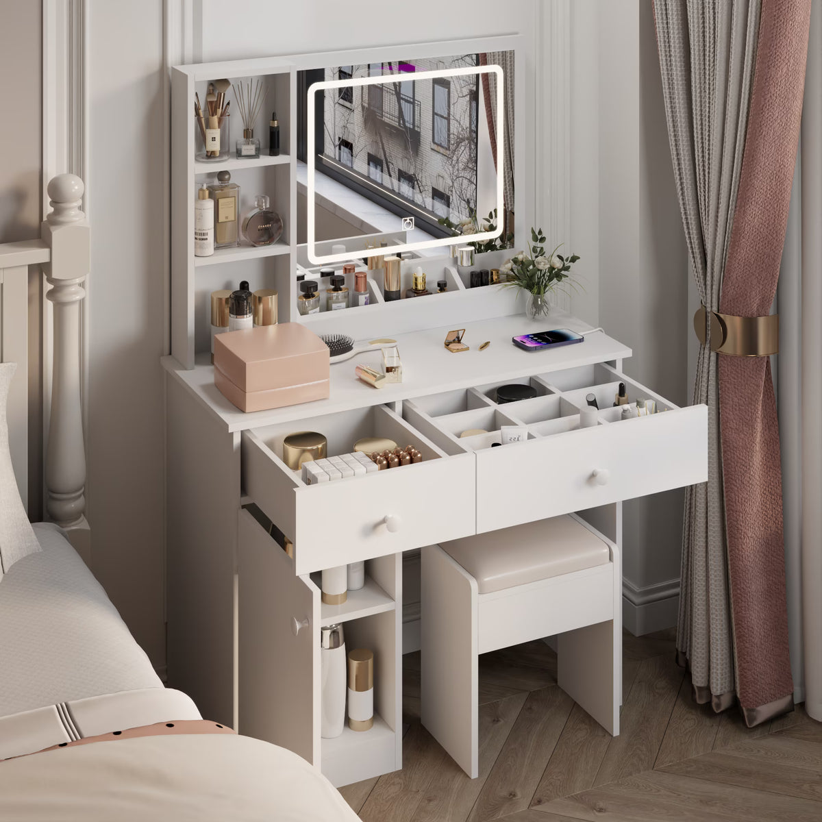 Wohh MDF Makeup Vanity with LED Mirror, Dressing Table and 5 Drawers, White