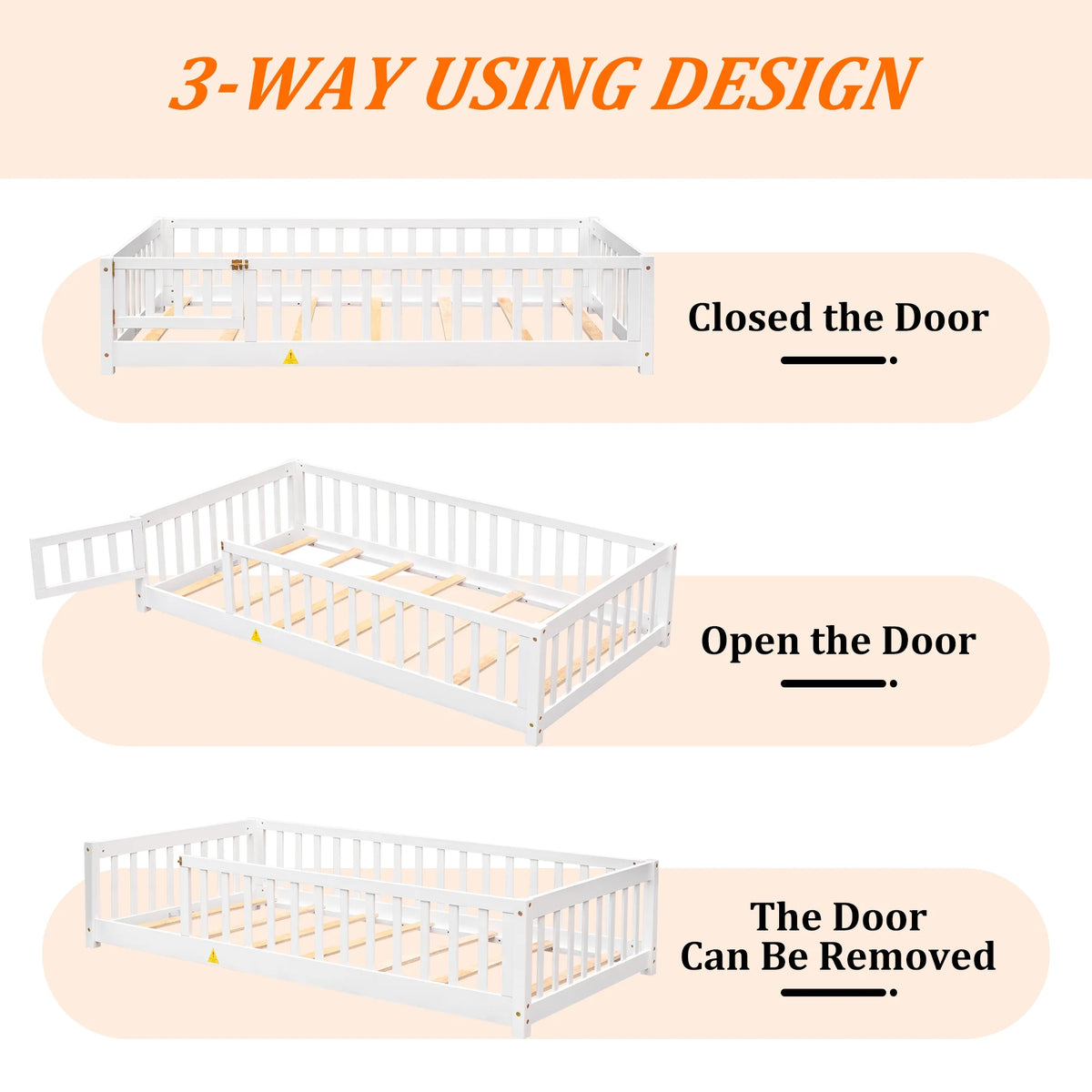 UHOMEPRO Twin Size Floor Bed with Door and Fence, Montessori Floor Bed with Slats and Safety Guardrails, Solid Wood Twin Bed Frame for Bedroom, White