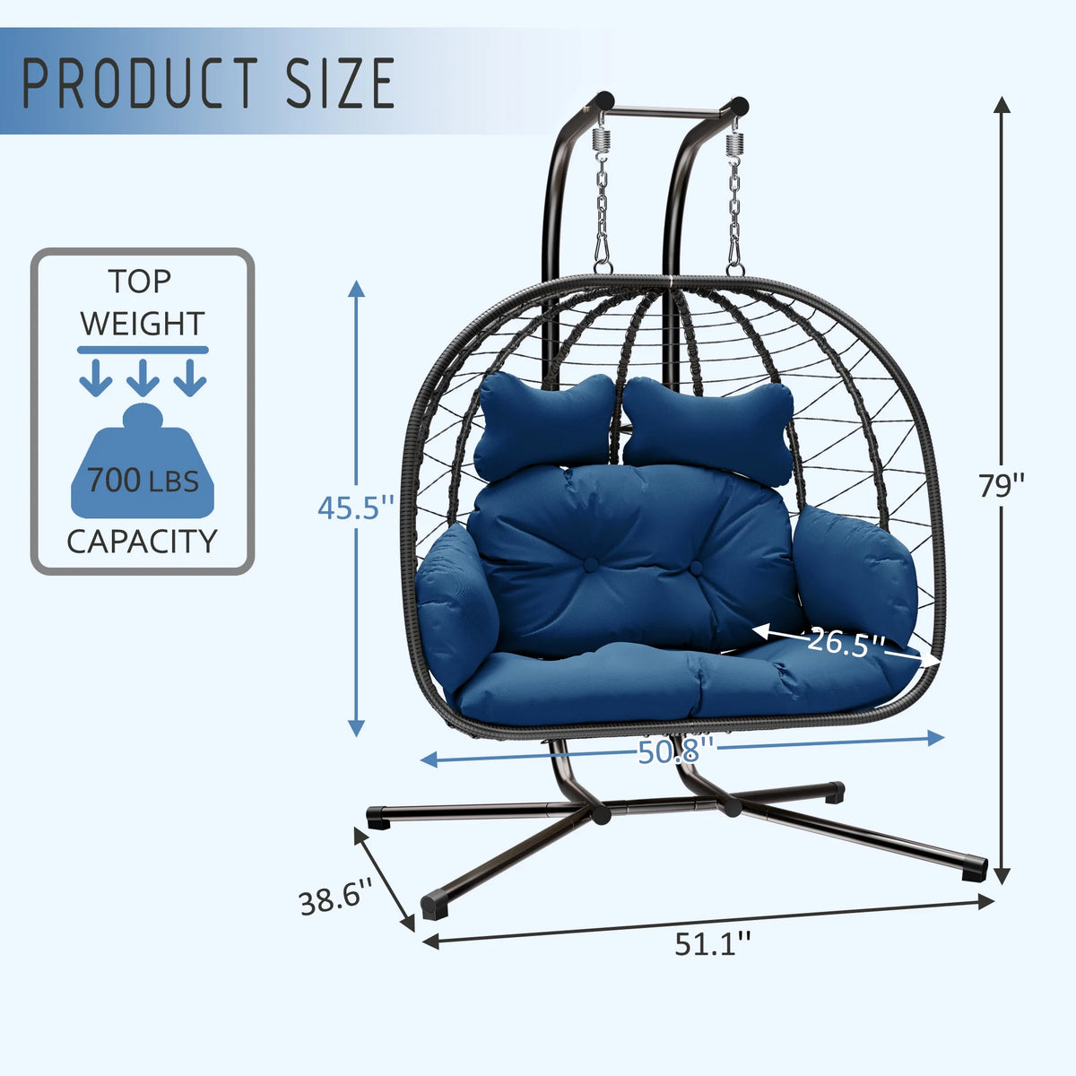 Bifanuo Double Wicker Swing Egg Chair Hammock Foldable Hanging Loveseat with Stand, UV Resistant Removable Cushions, 700LBS Capacity for Bedroom, Balcony (Black and Beige)