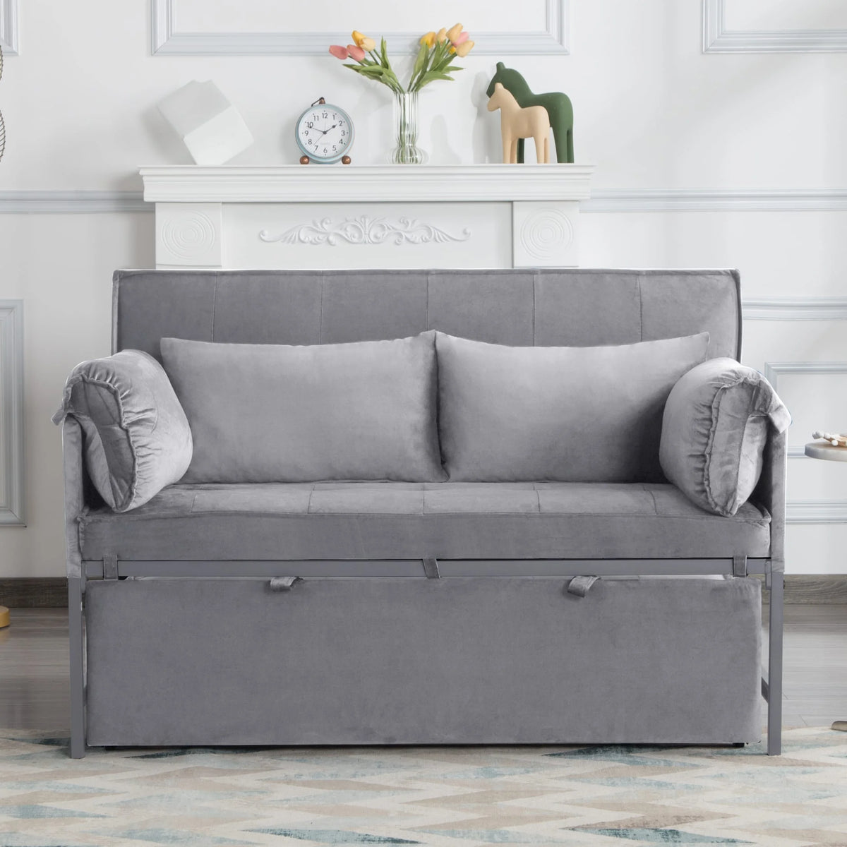 Gewnee 55'' Modern Convertible Velvet Sofa Bed with Pull-Out Twin Bed, Adjustable Backrest for Living Room, Office (Dark Gray)