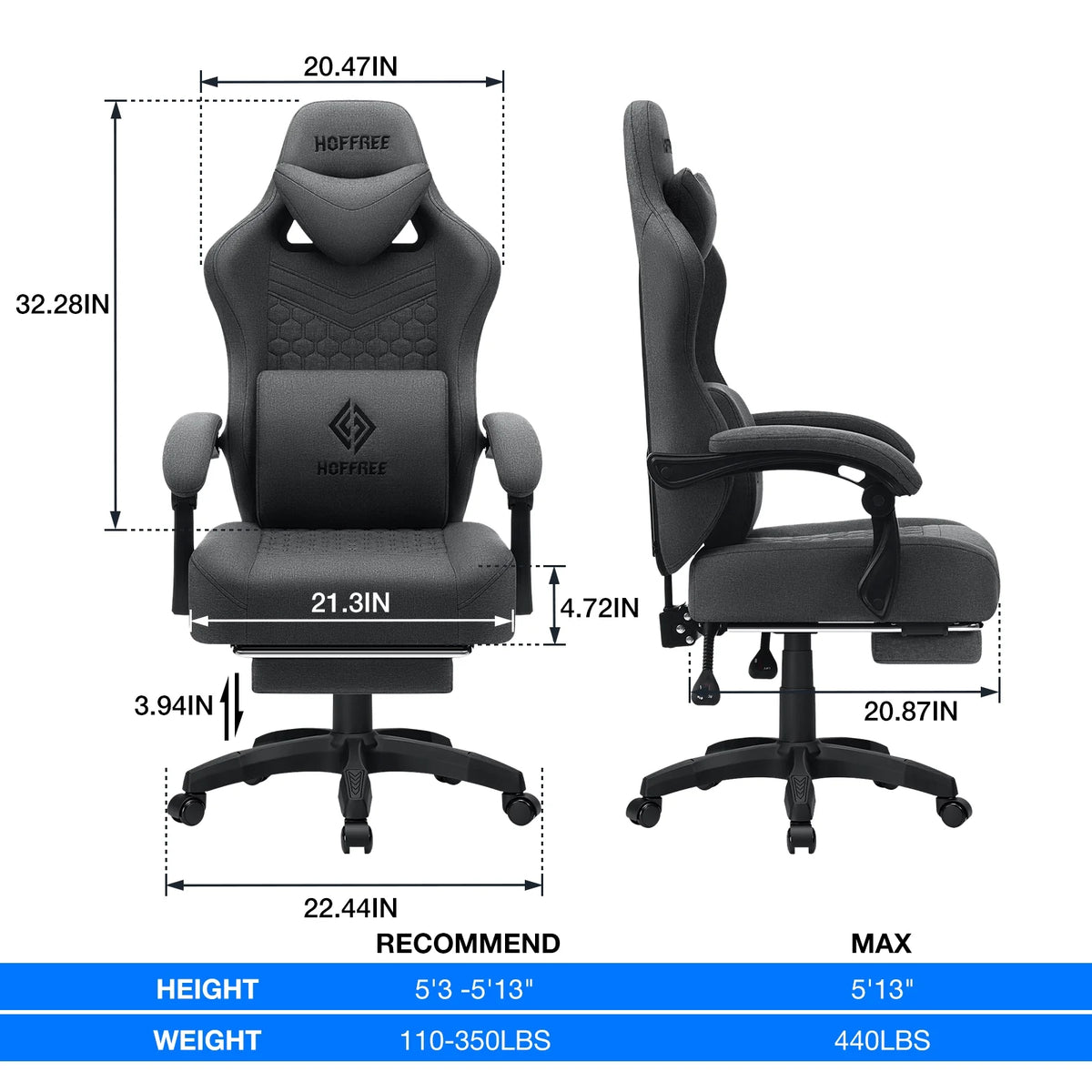 Hoffree Gaming Chair with Massage Fabric Office Chair with footrest for Adults, Ergonomic Gamer Chair with Headrest and Lumbar Support for Office Gaming, 440 LBS