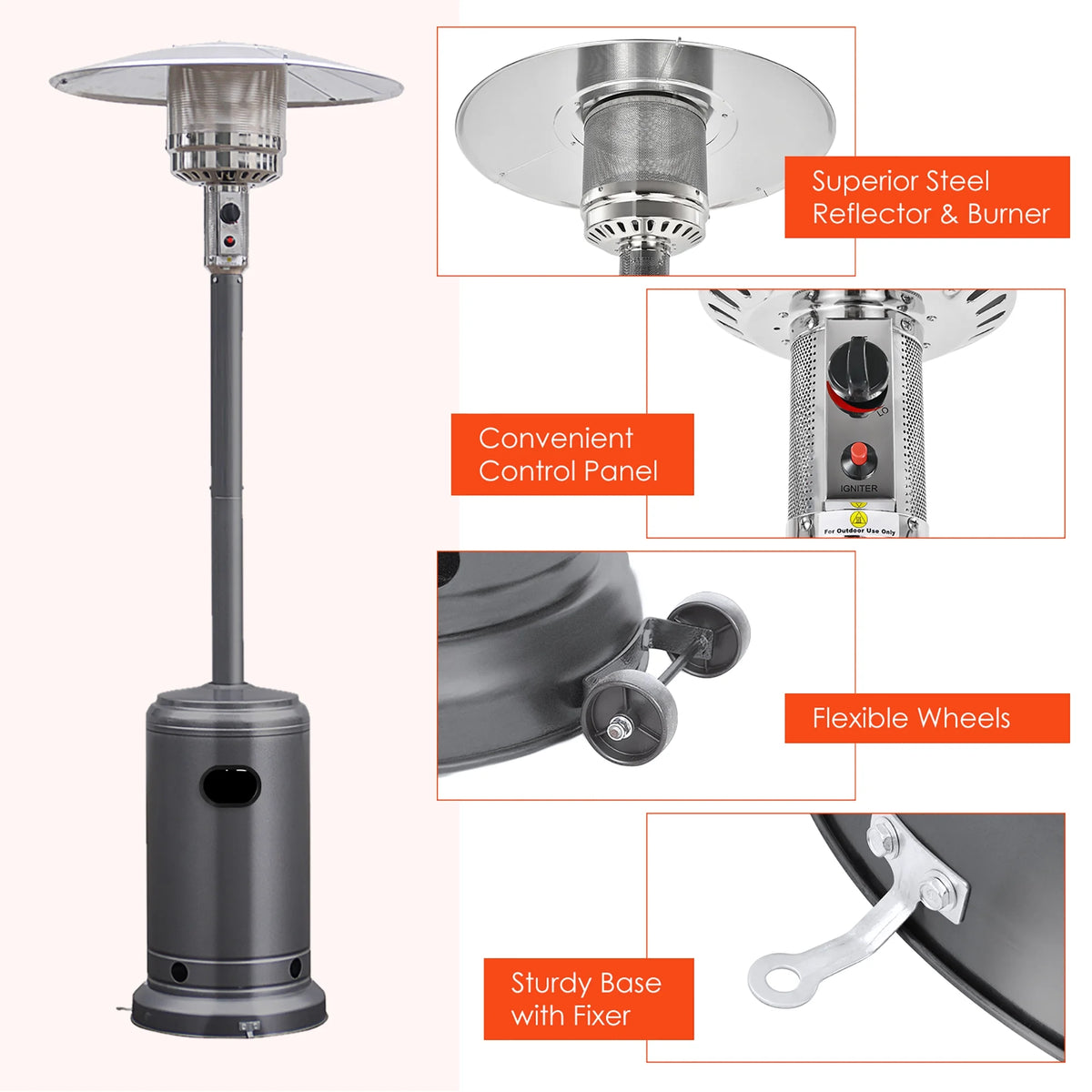 Costway 50000 BTU Propane Patio Heater Standing Steel with Wheels Grey