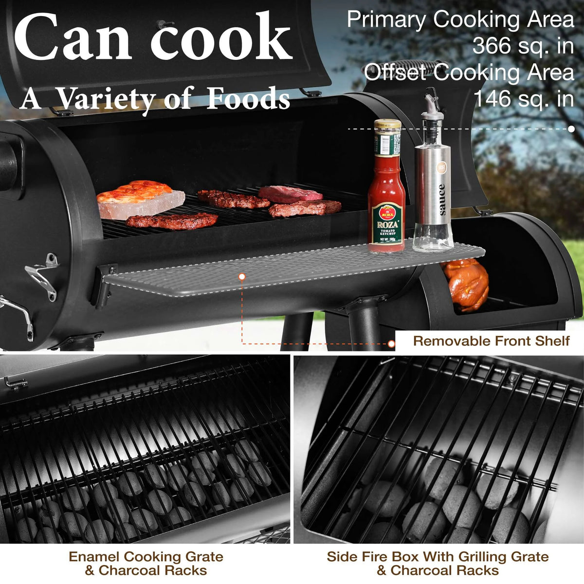 Summit Living Charcoal Grill with Offset Smoker 941 sq.in. Extra Large BBQ Grill Black