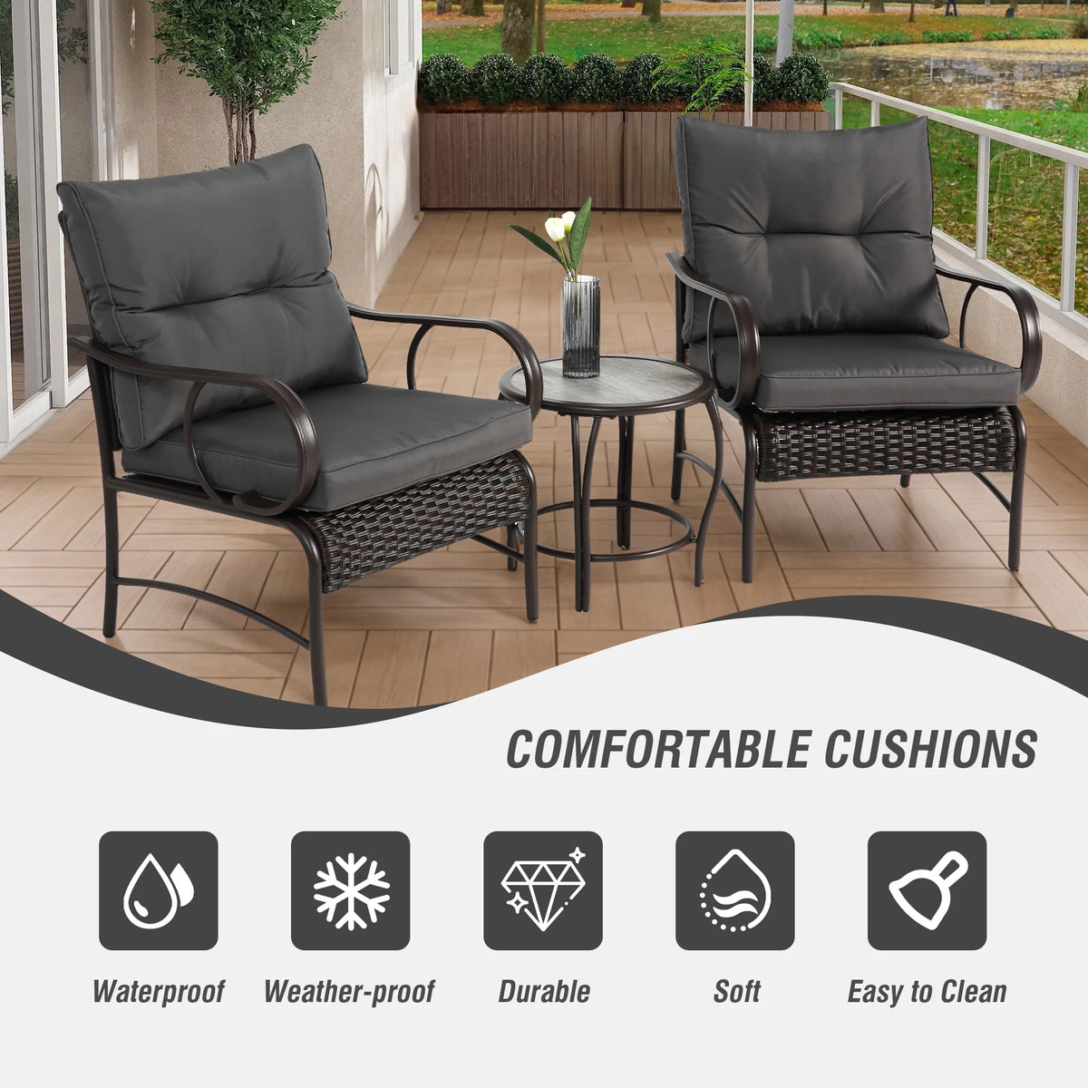 Villeston 3 Piece Outdoor Wicker Conversation Patio Set, with 2 Chairs, Table for Porch Garden,Blue