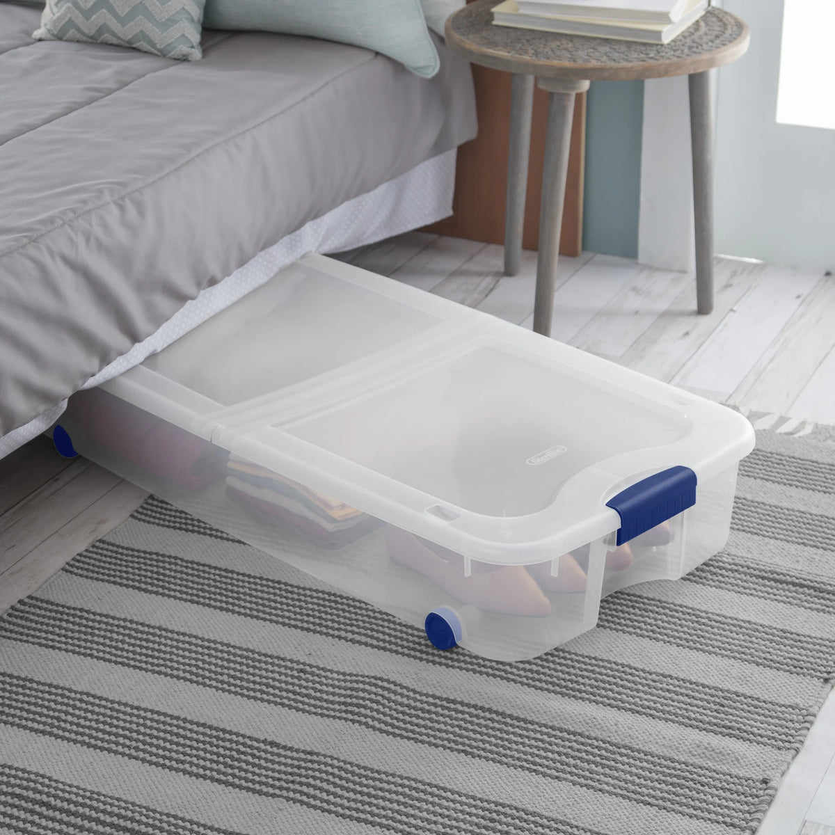 Sterilite 66 Quart Wheeled Latch Box, Clear Underbed Storage Bin with Lid, Blue, 4 Count