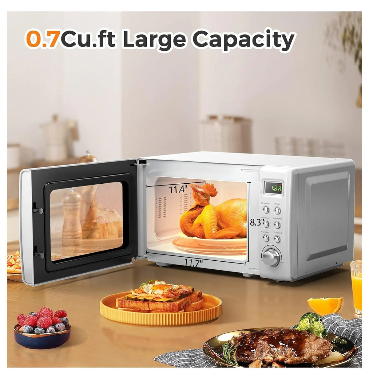 Small Microwave, 0.7Cu.ft 700 Watt Countertop Microwave with 5 Micro Power Defrost & Auto Cooking Function, Stainless Steel Interior, LED Display, Microwave for Kitchen, RV, Dorm ?(White)