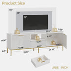 Bestier 55" LED TV Stand for TVs up to 60" Modern High Gloss Entertainment Center with Drawers Cabinets Fluted TV Console, White & Gold