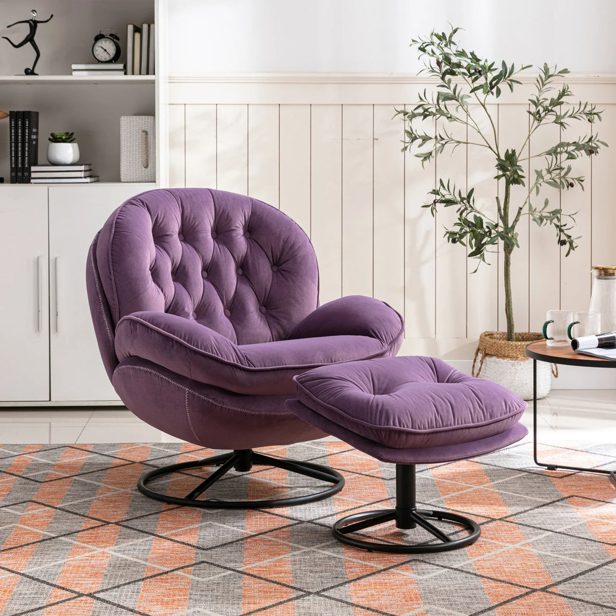 Velvet Swivel Accent Chair with Ottoman, Modern Chaise Lounge Chair with Metal Frame and Footstool, Comfy Armchair Reading Chair for Living Room Bedroom Office,Blue