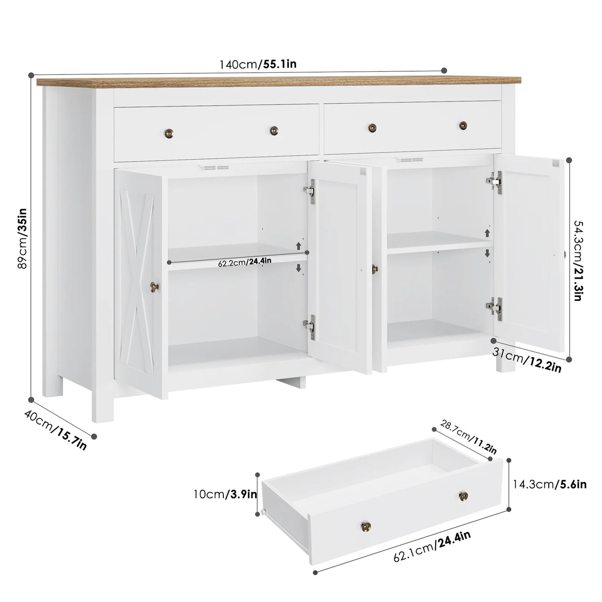 Homfa 55.1'' W Farmhouse Storage Cabinet, 4-Doors 2-Drawers Wood Sideboard with Adjustable Shelves for Kitchen Dining Room, White