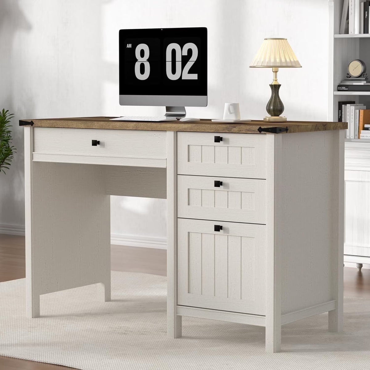 FIAKOA 45"Executive Desk, Modern Farmhouse Computer Desk with Drawers & Cabinet, White Home Office Desk Writing Workspace for Work Study