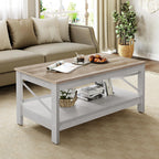 Moasis Farmhouse Coffee Table with Storage 2-Tier Center Table for Living Room Grey Wash Top+White
