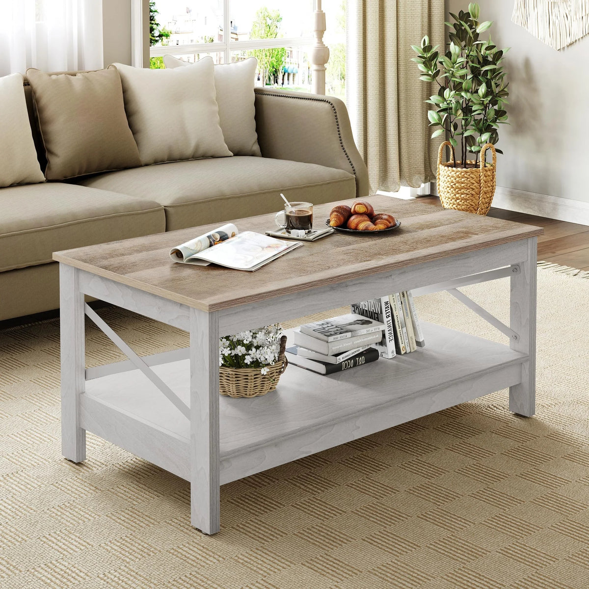 Moasis Farmhouse Coffee Table with Storage 2-Tier Center Table for Living Room Grey Wash Top+White