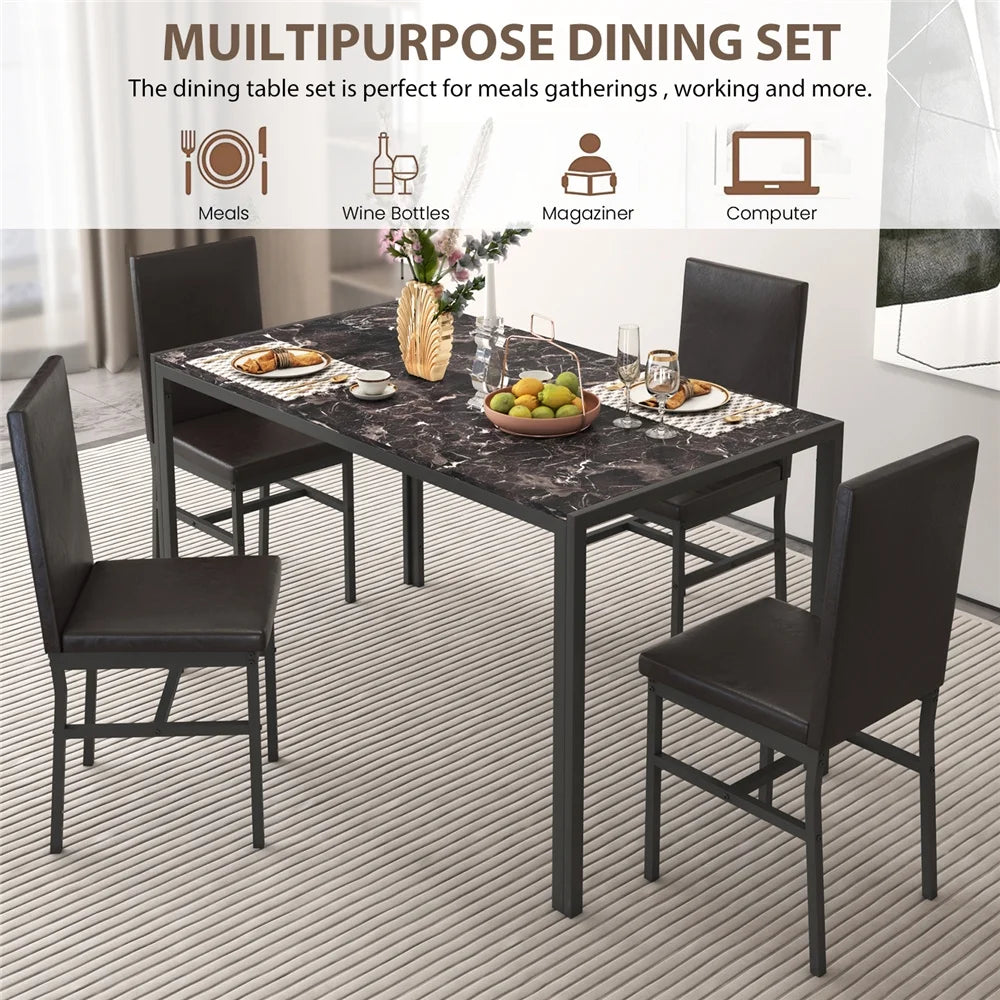 5 Piece Dining Room Table Set, Modern Dining Table Sets with Gray Velvet Upholstered Chairs for 4, Faux Marble Pattern Rectangle Kitchen Table Set for Bar Living Room Breakfast Nook Small Space