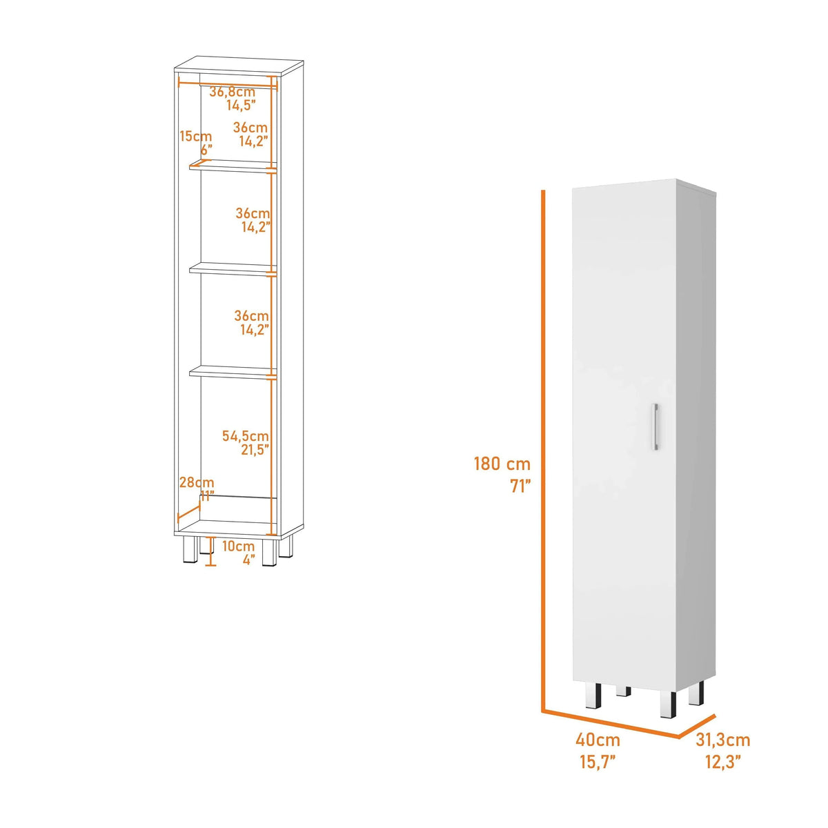 FM FURNITURE Clarno Tall Storage Cabinet, Single Door with Broom Hangers ,White