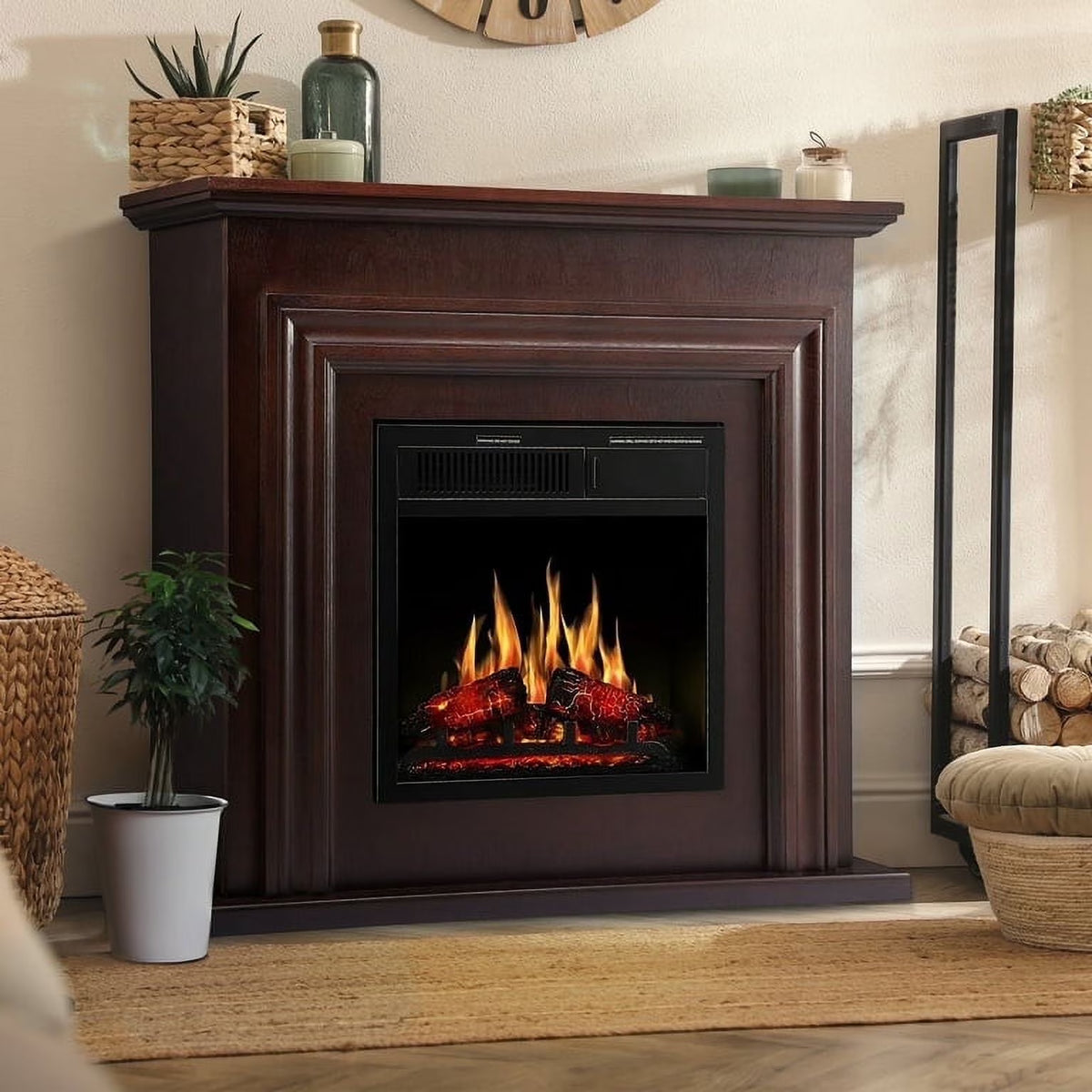 KISSAIR Electric Fireplace Mantel Wooden Surround Firebox, Free Standing Fireplace, with Remote Control, Adjustable LED Flame, 750W/1500W -White